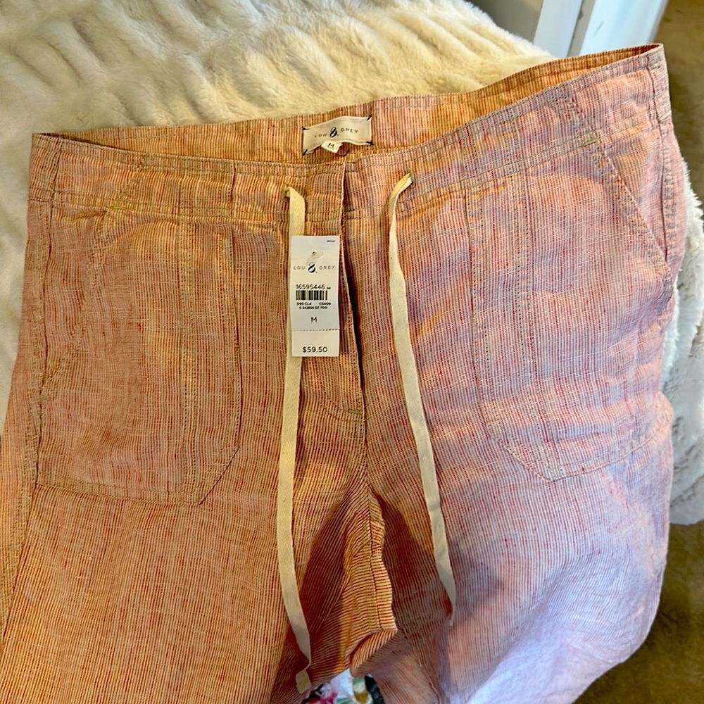 Lou & Grey linen red and white pin striped zip and tie pants.
